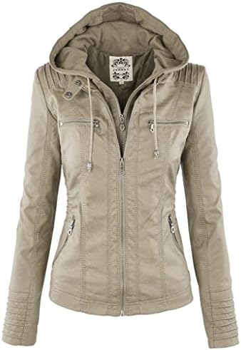 LANROON Women's Fashion Hooded Fake Two Piece Faux Leather Jacket Off-White S