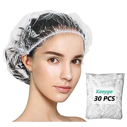 Keeygo Disposable Shower Caps 30 PCS Bath Caps Clear Waterproof Plastic Wraps for Women, Hotel Travel Essentials Accessories Hair Caps(17.3