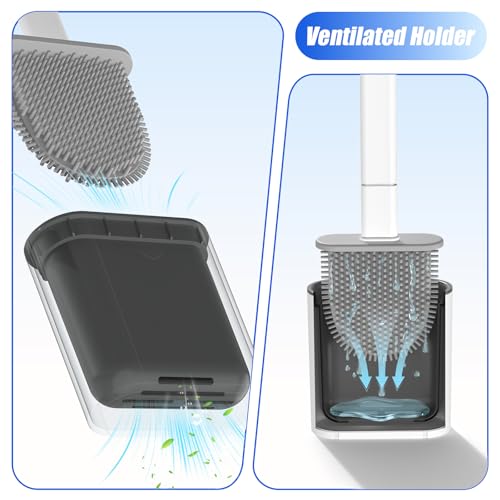 Toilet Brush, 2 Pack Bathroom Silicone Toilet Brushes and Holder Sets with No-Slip Long Plastic Handle and Soft Flexible Bristles, Toilet Brushes with holders and Base for Anti-drip (White)