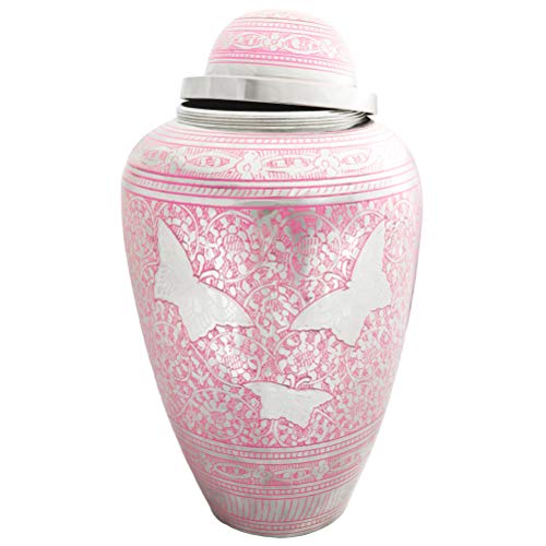 Cremation Urn for Human Ashes Adult - Brass Funeral Urn for Women - Metal Hand Engraved Silver Butterfly Large Urn for Adults - Display Burial At Home or in Niche at Columbarium ( Pink Butterflies - Thumbnail 3