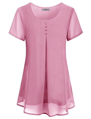 Cestyle Pink Blouse,Petite Tunic Tops Girls Short Sleeve Two Layers Loose Fitted Shirt Tees with Button Embellished Light Red Medium