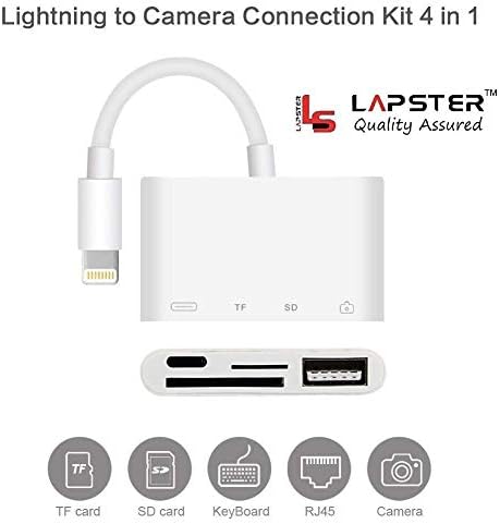 LAPSTER for SD TF Card Reader,USB to Lightning Adapter,4 in 1 Lightning Cable to USB Camera Adapter for iPhone and iPad, Plug and Play Adapter Cable for iPhone and iPad (White, MD822ZM/A)