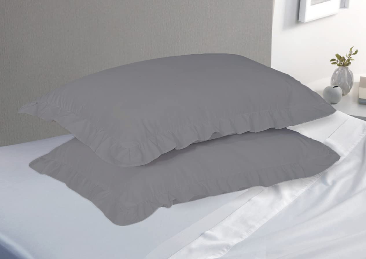Luxury Frilled Pillow Cases Pair Decorative Ruffle Edge Pillowcase 2 Pack (Grey)