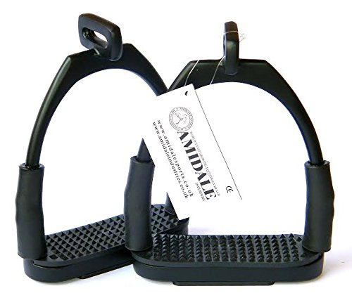 AMIDALE STIRRUPS OFFSET EYE FLEXI SAFETY STIRRUPS OPTIMUM LEG POSITION HORSE RIDING IRONS STAINLESS STEEL 4.75" BLACK