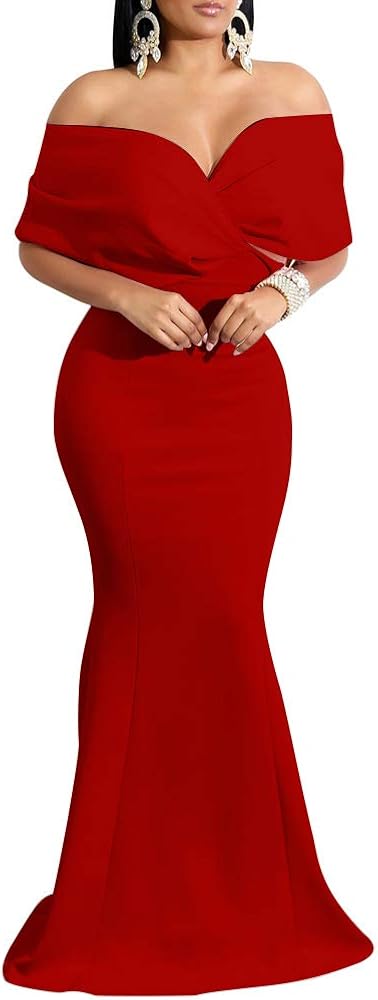 GOBLES Women Sexy V Neck Off The Shoulder Evening Gown Fishtail Maxi Dress at  Women’s Clothing store