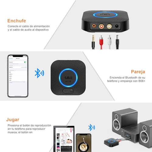 1Mii B06 Plus Receptor Bluetooth Audio, Adaptador de Inalámbrico Bluetooth 5.3, AUX de 3.5mm Jack y 2 RCA para Estéreo y Amplificador, 30m Largo Alcance, aptX HD, Sonido 3D Surround
