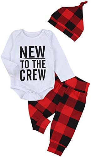 Newborn Baby Boy Clothes Crew Letter Print Romper Plaid Pants+Hat 3pcs Outfits Set, Soft Breathable Fabric