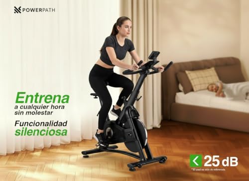 PowerPath - Bicicleta Estática para Spinning/Ejercicio en Casa, Disco de 13 kg, Bluetooth para APPs, Magnética, Robusta, Silenciosa con Monitor Electrónico, RPM - Bici Fija para Gym en Casa, Color Negro, Ajustable, 150 kg