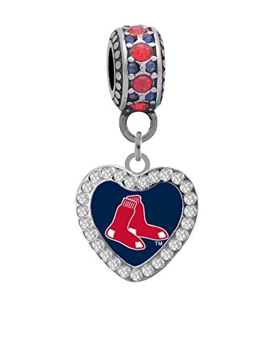 Boston Red Sox Crystal Heart Charm Fits Most Bracelet Lines Including Pandora, Brighton, Chamilia, Troll, Biagi, Zable, Kera, Personality, Reflections, Silverado and More ...