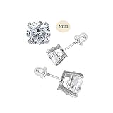 14K White Gold 3mm Round Simulated Diamond Stud Earring Set on Prong Setting, Screw Back Post