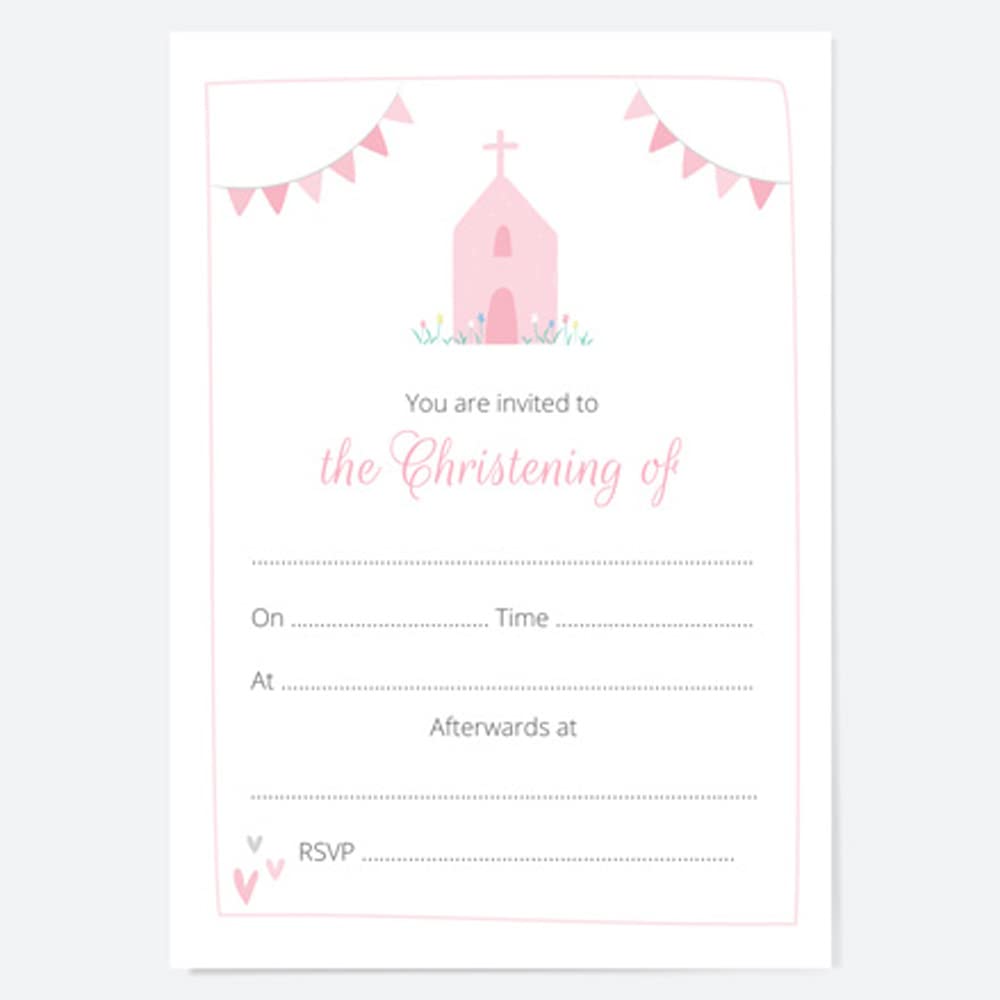 Dotty about Paper Christening Invitations - Cute Pink Church - Pack of 10. Floral, Hearts, Dainty, Beautiful, Delicate, Non-Personalised, Celebration. Envelopes Included. (4020)