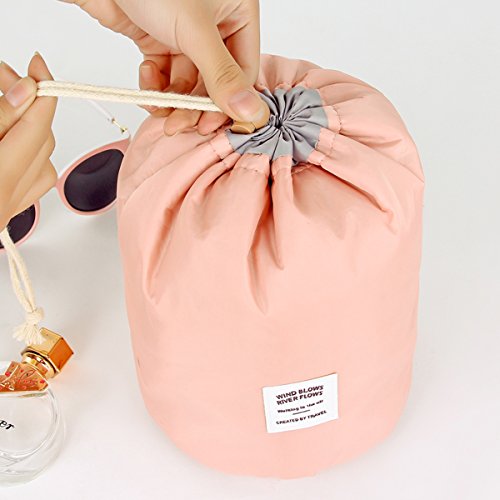HJSMing Bathroom Folding Bag Travel Barrel Toiletry Bag Large Capacity Storage Organizer Travel Waterproof Portable Cosmetic Bag Bucket Makeup Bag with Pouch (Pink)