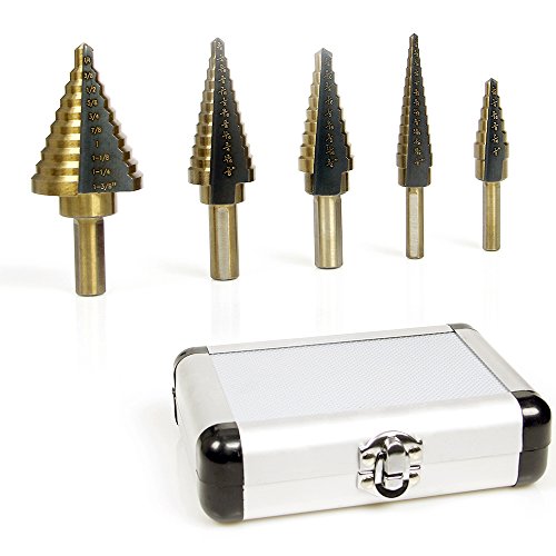 Goetland Titanium Step Drill Bits Set HSS High Speed Steel Cobalt Multiple Steps with Aluminum Case, Set of 5 pcs 50 Steps