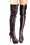 LOLLI COUTURE LACE DESIGN STRETCH PU LEATHER DEEP TOE LACE UP STRAP ALL OVER THE KNEE BACK ZIPPER OVER THE KNEE STILETTO HIGH HEELS BOOTS 8 blackstretchpu