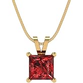 Clara Pucci 14K Yellow Gold Plated Solitaire 16" Box-Chain Necklace - Sterling Silver 1.5ct Princess Cut Garnet Pendant