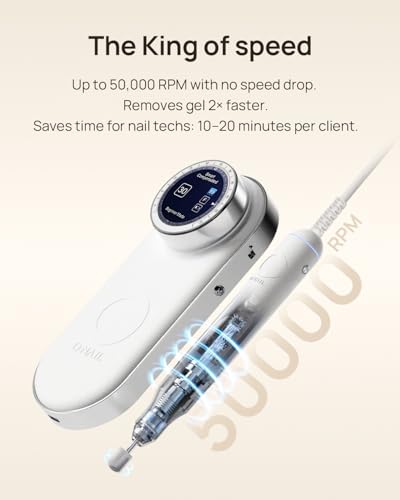 Professional Electric Nail Drill Machine - O NAIL 50,000 RPM E-File with LCD Display, Cordless Rechargeable Nail File for Acrylic Gel Removal, Low Vibration, 3mm Bits for Home & Salon Use [White]