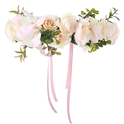 Felice Arts Handmade Boho Flower Headband Hair Wreath Halo Floral Garland Crown Headpiece with Adjustable Ribbon Festival Wedding Party, Champagne