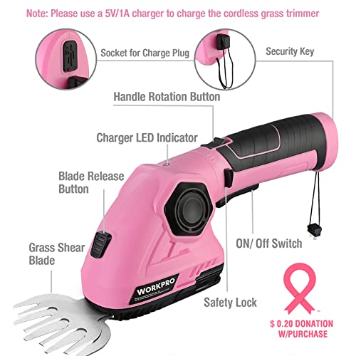 WORKPRO Pink Cordless Grass Shear & Shrubbery Trimmer - 2 in 1 Handheld Hedge Trimmer 7.2V Electric Grass Trimmer Hedge Shears/Grass Cutter 2.0Ah Rechargeable Lithium-Ion Battery - Pink Ribbon