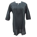 Womens Bohemian Tunic Black Cotton Hand Embroidered Kurti Blouse