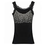 Edtoy Women's Rhinestone Sequin Lace Tanks Tops Basic Camis Sling Camisole Cami Sleeveless Shirt (Black)
