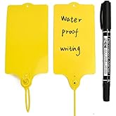 LeadSeals 100 Plastic Shipping Tags - Waterproof, Writable, Hanging Tags with One Yellow Marker Pen