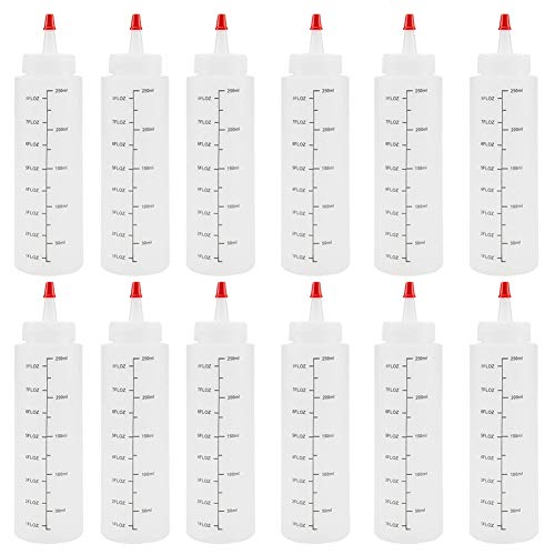 AILELAN Squeeze Bottle, 12 Pack 8 oz Condiment Squeeze Bottles with Red Tip Cap & Scale Plastic Squirt Bottle for Ketchup, Sauces, Syrup, Dressings, Arts & Crafts - Thumbnail 6