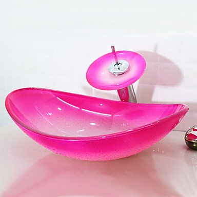 Bszll Pink Boat Shaped Tempered Glass Sink And Waterfall Faucet