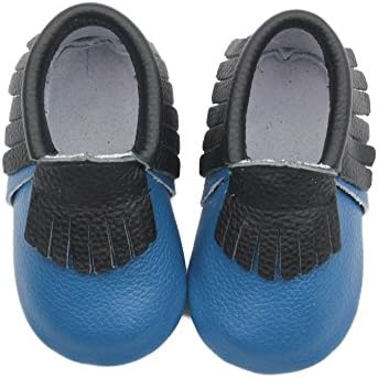 Posh Baby Shoes: Genuine Leather, Hand Made, Durable, Slip-on Baby Moccasins. A Great Gift for Newborns, Infants, and Toddlers. (6-12 Months (4.7 in), Blue and Black)