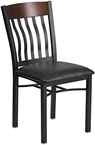 MFO Lunar Collection Vertical Back Black Metal and Walnut Wood Restaurant Chair with Black Vinyl Seat
