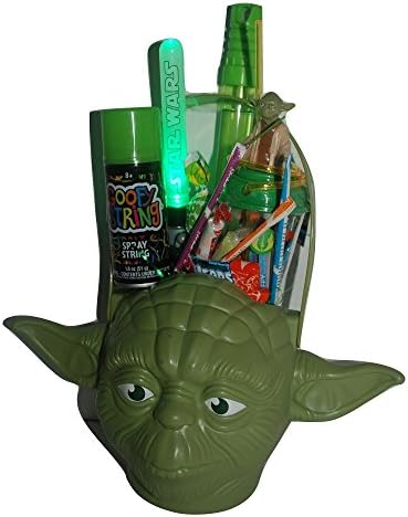 Yoda Star Wars Jedi Master Halloween Basket Gift Bundle Pack in keepsake basket with action figure cup crazy straw Goofy String bubble wand Light up Green Lightsaber and assorted candies