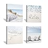 Coastal Artwork Beach Wall Art: Starfish & Chairs on Sand Painting with Word Picture on Canvas for Living Room (12” x 12…