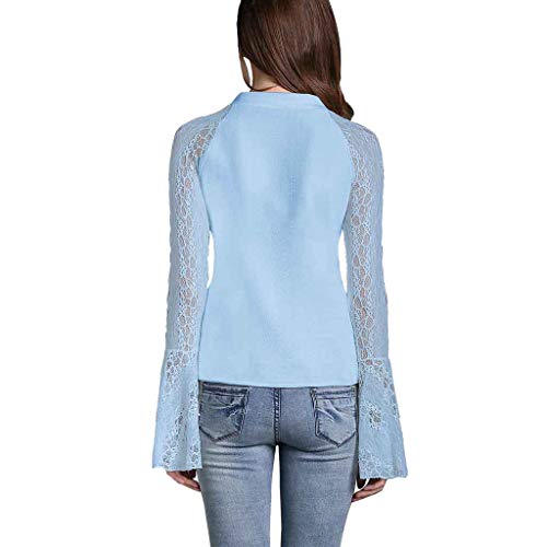 Slim Fit Blouses for Women,SMALLE◕‿◕ Hot Women's Perspective Lace Trumpet Sleeve V-Neck Casual Slim Blouse Blue - Thumbnail 3