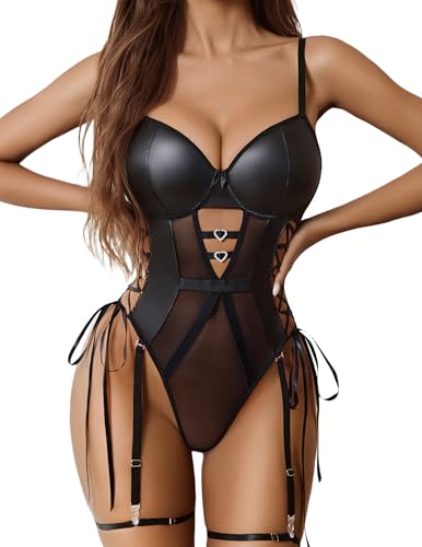 Avidlove Sexy Lingerie for Women Leather Teddy Lingerie Mesh Bodysuit Garter Belt Set S-XXL(No leg ring)