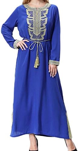 Sheng Xi Women's Muslim Abaya Buckle Sequin Splice Party Stylish Long Dress Blue S