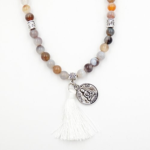 Mala Beads Bracelet, Buddhist Mala Prayer Beads, Buddha Bless Me Statement Necklace (Botswana Agate) - Thumbnail 3