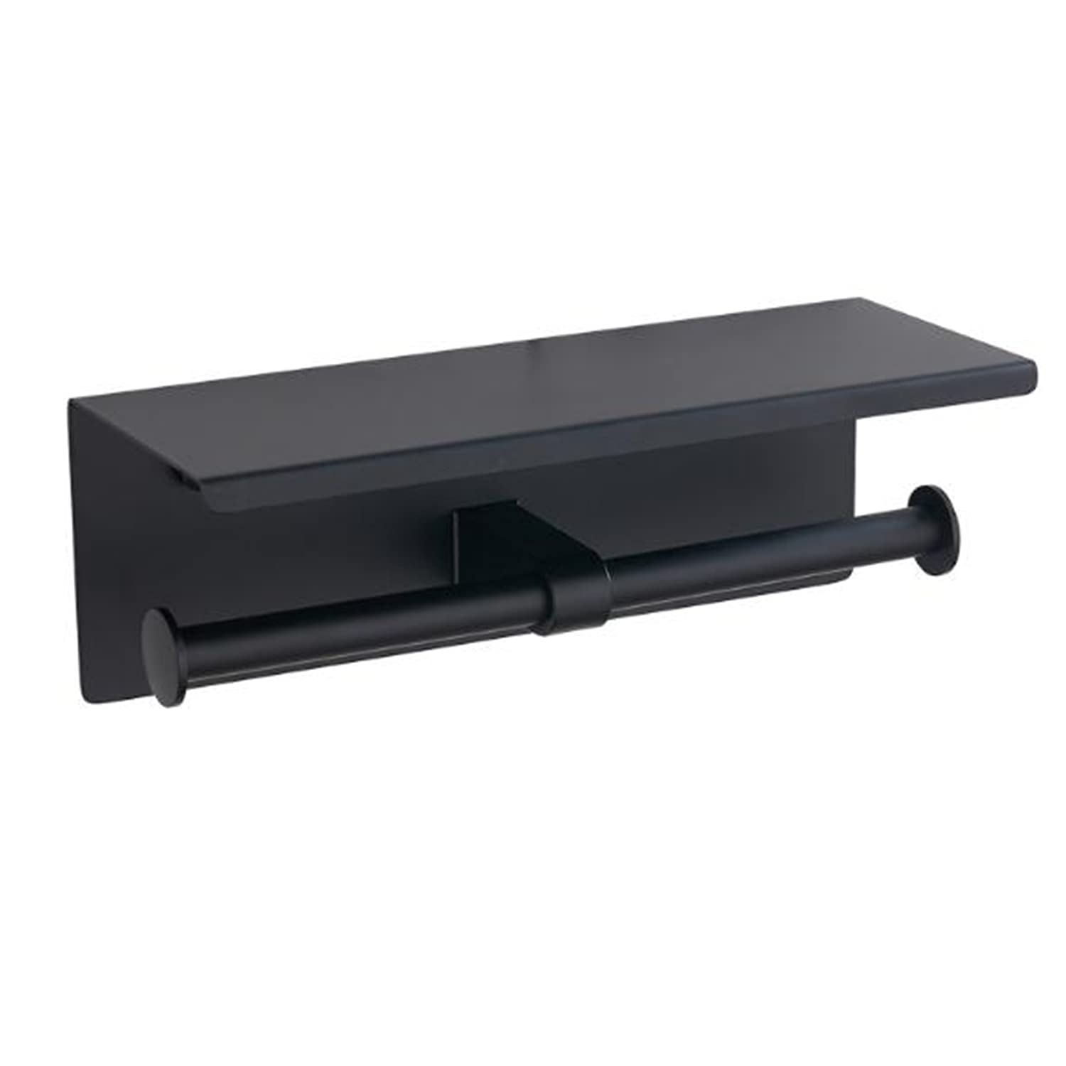 GULICA Toilet Roll Holder, Double Toilet Paper Holder with Phone Shelf, Stainless Steel Paper Holder Rack Black, Wall Mounted Double Roll Toilet Roll Holder, Matte Black