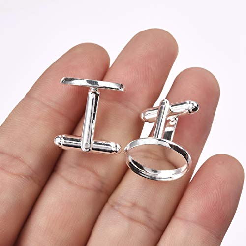 Lanbeide 10Pcs Bright Silver Plated Copper Cufflink Base Pendant Blank Settings Fit Cabochon Cameo Base, 16.1mm