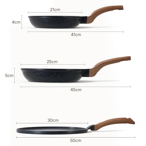 OSLIFE Juego de Sartenes Antiadherentes Granito, 3 Piezas: Sartén Pequeño 21 cm, Sartén Grande 25 cm y Sartén para Crepas 30 cm, Saludable, Apto para Gas, Inducción y Eléctrica, crepera，Libre de PFOA