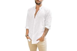 JEKAOYI Mens Casual Long Sleeve Cotton Linen Shirts Buttons Down Solid Plain Roll-Up Sleeve Summer Beach Shirts
