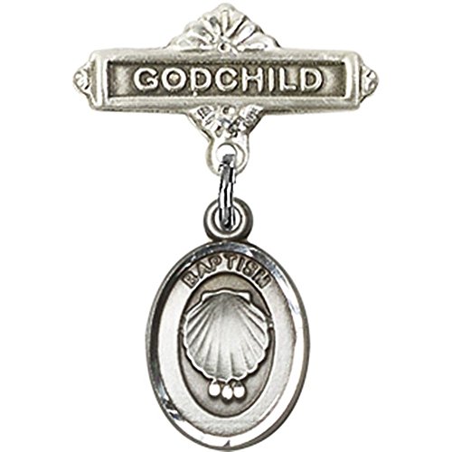 Sterling Silver Baby Badge with Baptism Charm and Godchild Badge Pin 1 X 5/8 inches