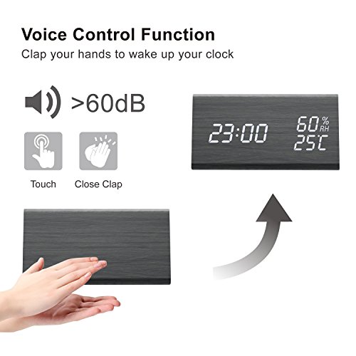 Digital Alarm Clock, Wooden LED Alarm Clock with Triple Alarms, 3 Levels Brightness Dimmer, Big Digit Display Date, Temperature and Humidity for Home Bedrooms