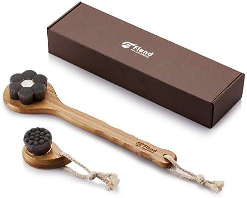 Flend Soft Charcoal Fibre Bath Brush+Facial Cleasing Brush Long Bamboo Handle Massage Brush Exfoliating Skin Care (Black Flower Shape)