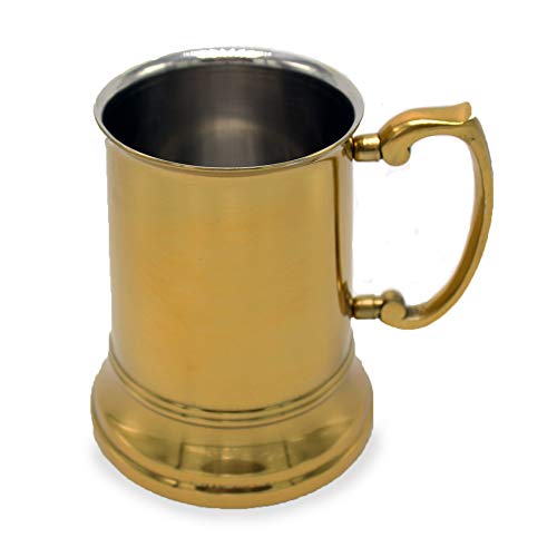 Jodhpuri Handcrafted Stainless Steel Beer Mug with Handle - Shiny Metal Drink Tankard for Beer, Ale, Wine, Mead, Water and Other Beverages -Food Safe Drink Cup - Gold - 16 oz Capacity