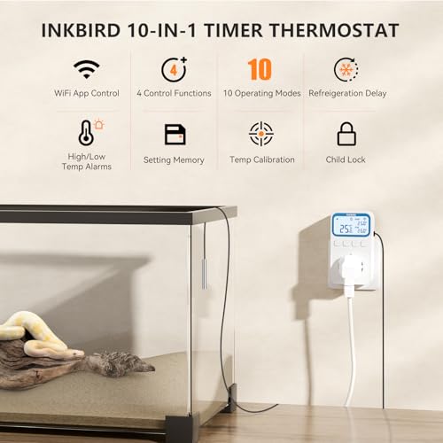 Inkbird C236T WiFi Thermostat with Probe, Heating and Cooling, Alarm Function, LCD Display, Thermostat Socket for Home, Reptiles, Greenhouse, Incubation