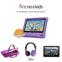 Fire HD 8 Kids Tablet, 8” HD Display (32 GB, Purple) + Zipper Sleeve + Kids Headset + Screen Protector
