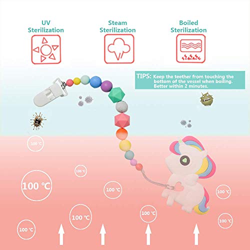 FANSIDI Baby Teething Toys Colorful Unicorn Theme Teethers& Gums Massagers with a Rainbow Pacifier Clip Holder Set - Easy to Hold, Soft, Bendable and Freezer Safe, Gift idea for Baby Boys or Girls - Thumbnail 5