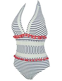 Bañador de una pieza para dama con cuello descubierto, de malla a rayas, sin espalda, con pompón, flecos