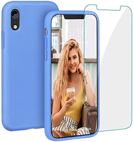 Case for iPhone XR, Liquid Silicone Full Protective Phone Cover with Free Tempered Screen Protector Shockproof Shell for iPhone XR-Blue