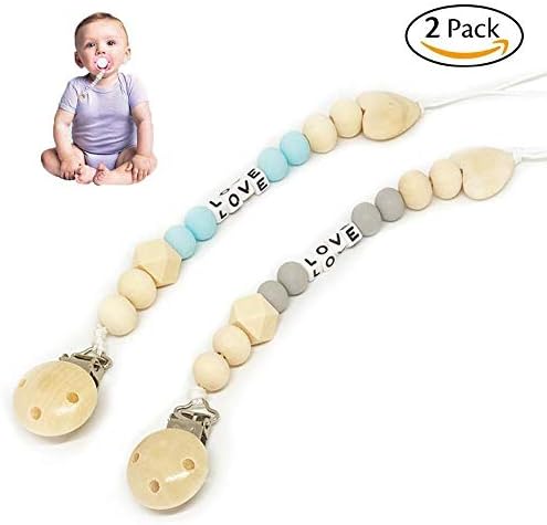 Baby Pacifier Clips, BPA Free Silicone Teether Wooden Pacifier Chain Holders Clip Binky Clip Newborn Baby Girl/Boy Soother Clip Chew Beads DIY Natural Baby Teething Grasping Toy, Set of 2 (Blue, Gray)