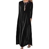 Melliflo Velvet Dress for Women Casual Crewneck Shirt Dresses Elegant Cocktail Long Sleeve Maxi Dress with Pocket